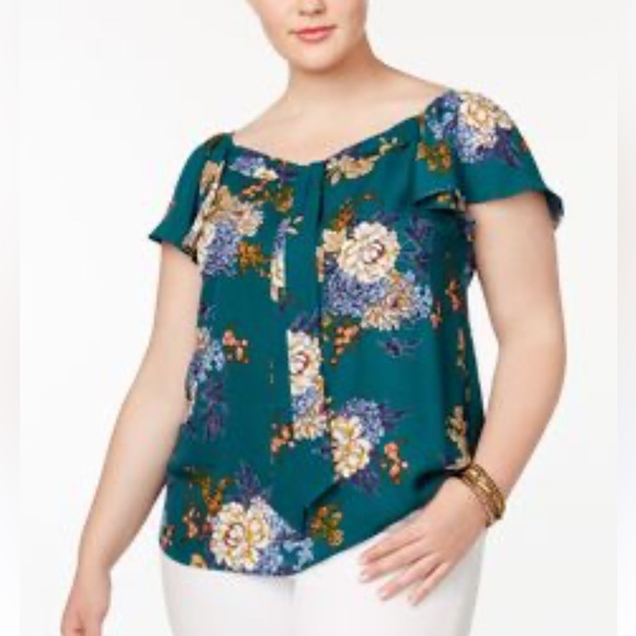Monteau green floral flutter sleeve blouse Size 2X - Picture 1 of 5